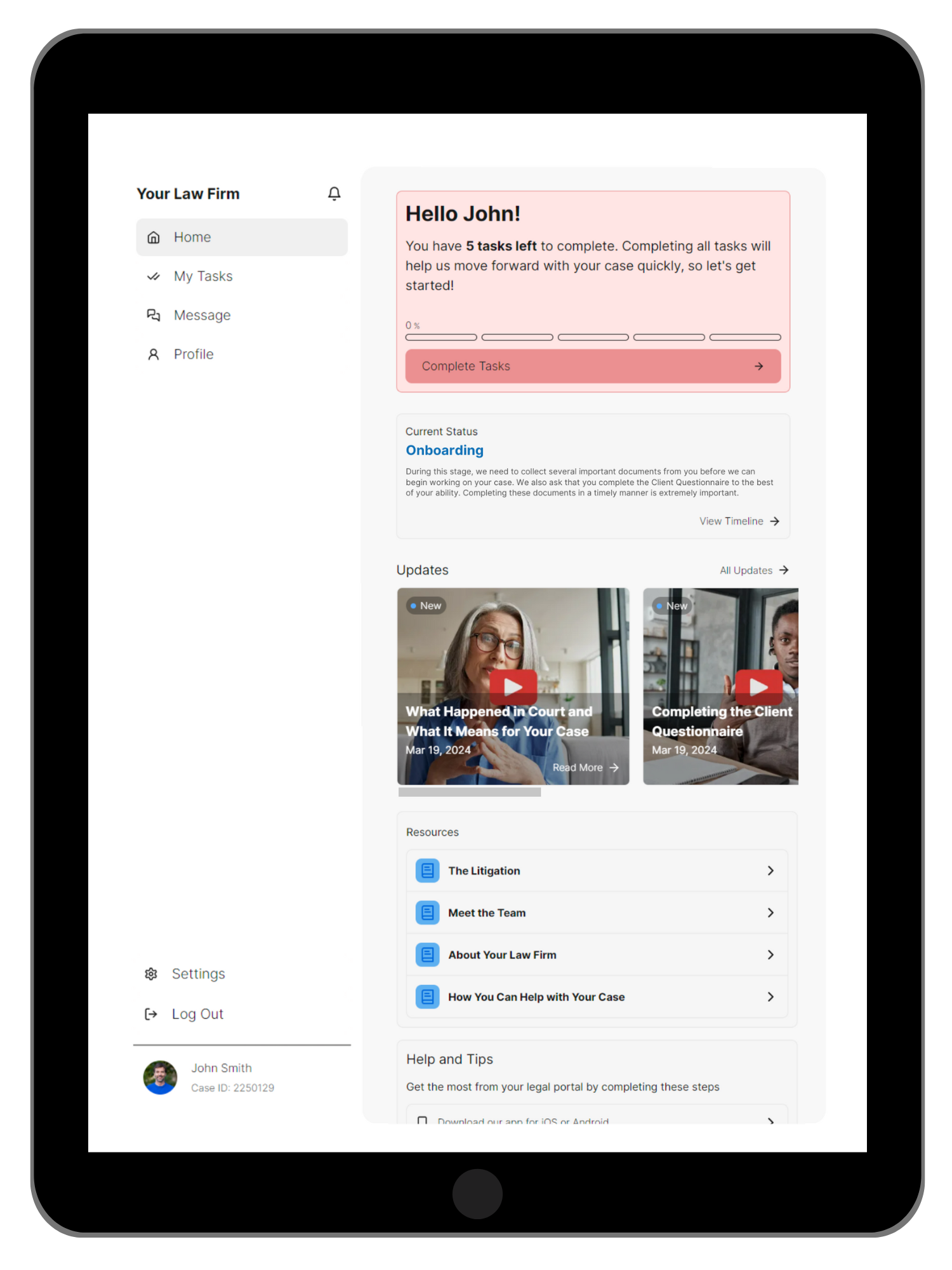 CaseHQ client portal on a tablet